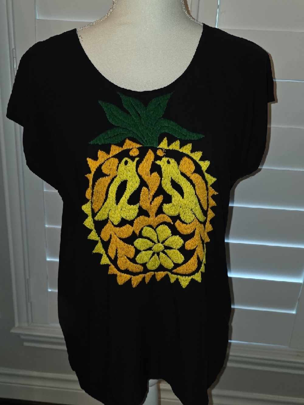 Black Women’s Pineapple Embroidered Tee - Yellow & Green Design